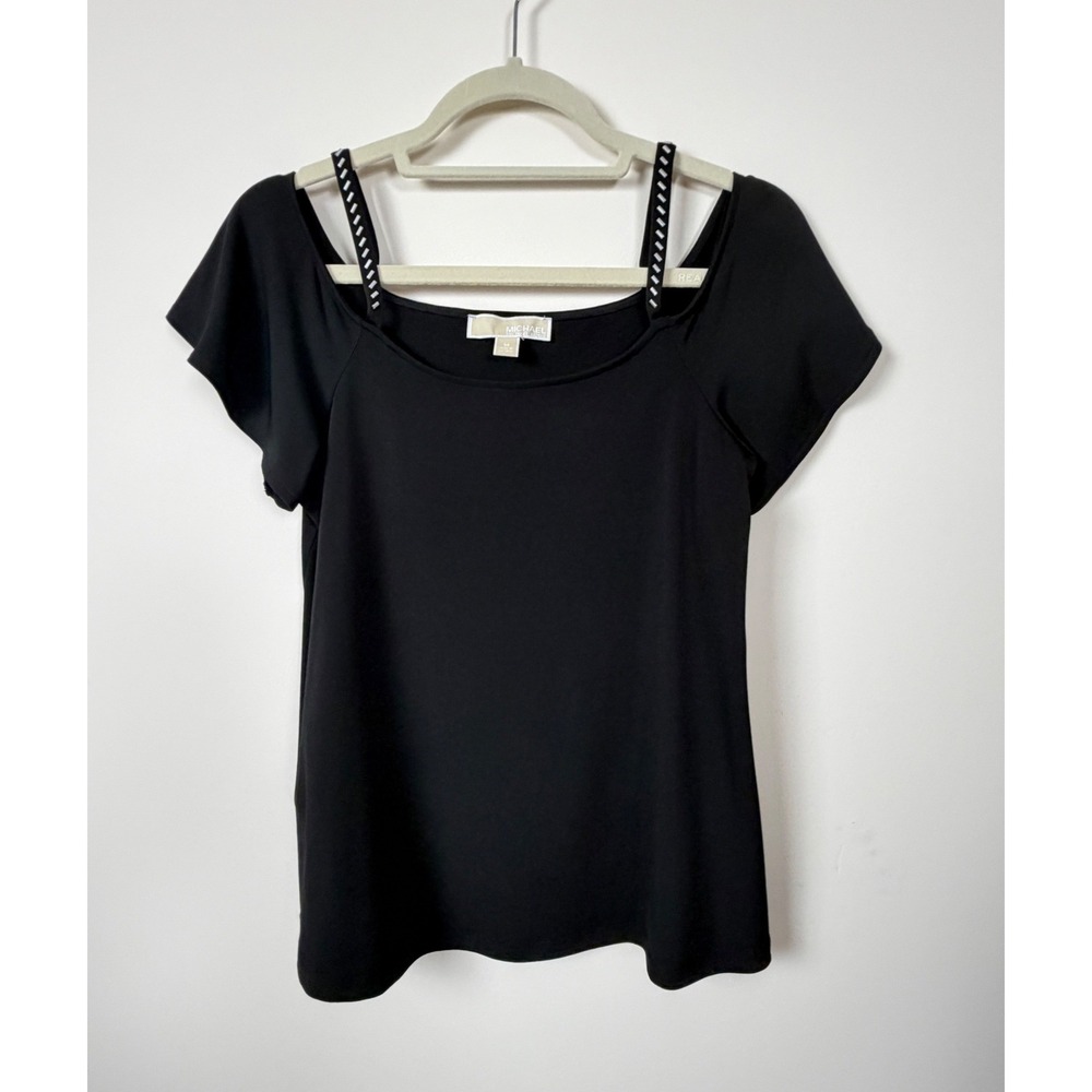 Michael Kors Cold Shoulder Top Womens Medium Black Studded Flutter Sleeve Blouse